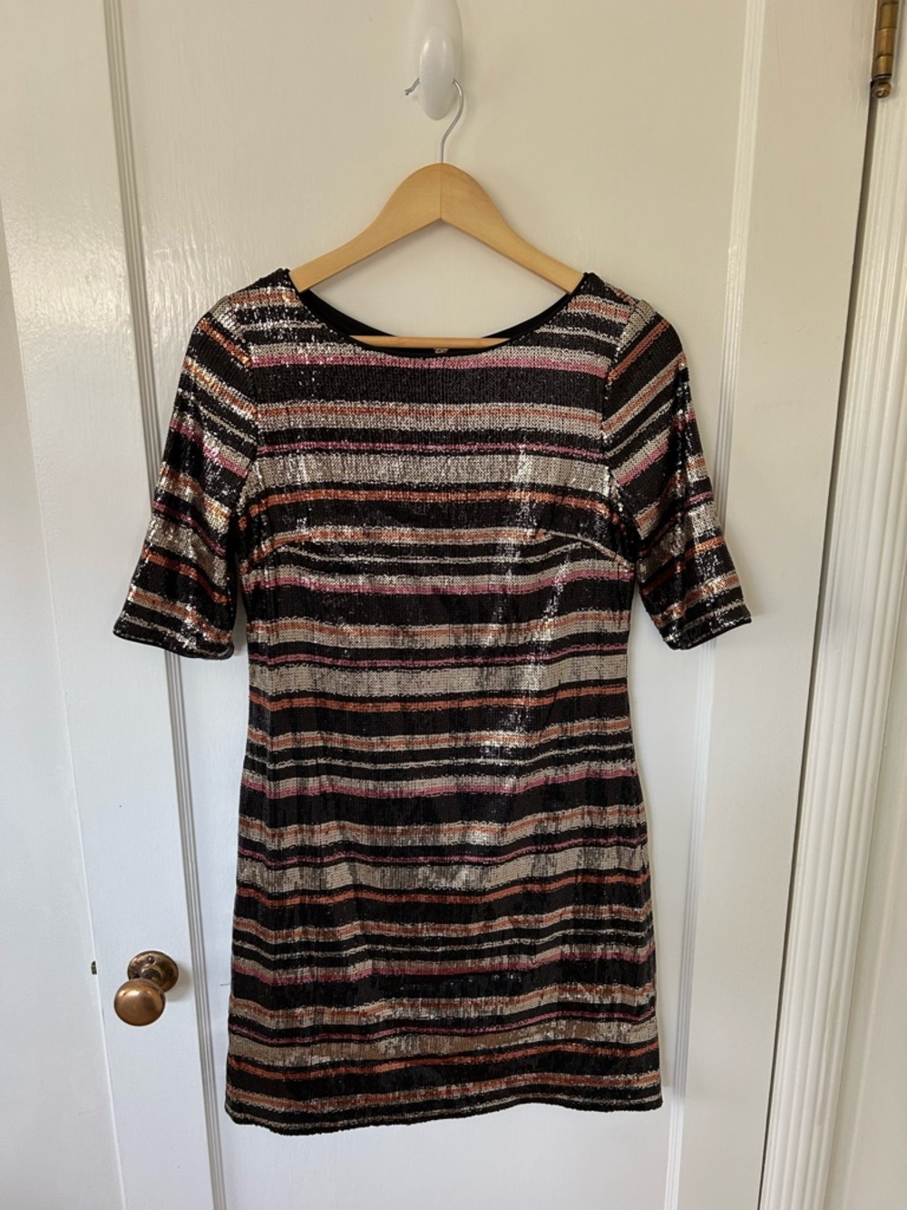 1901 Nordstrom Striped Sequin Mini Dress in Black, Pink & Gold